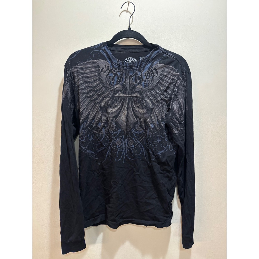 Affliction Live Fast Mens Small Black Long Sleeve Graphic Wing Cross T-Shirt